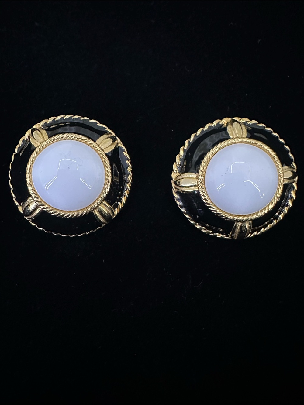 Signed Gay Boyer Gold-Tone Black and White Button Earrings